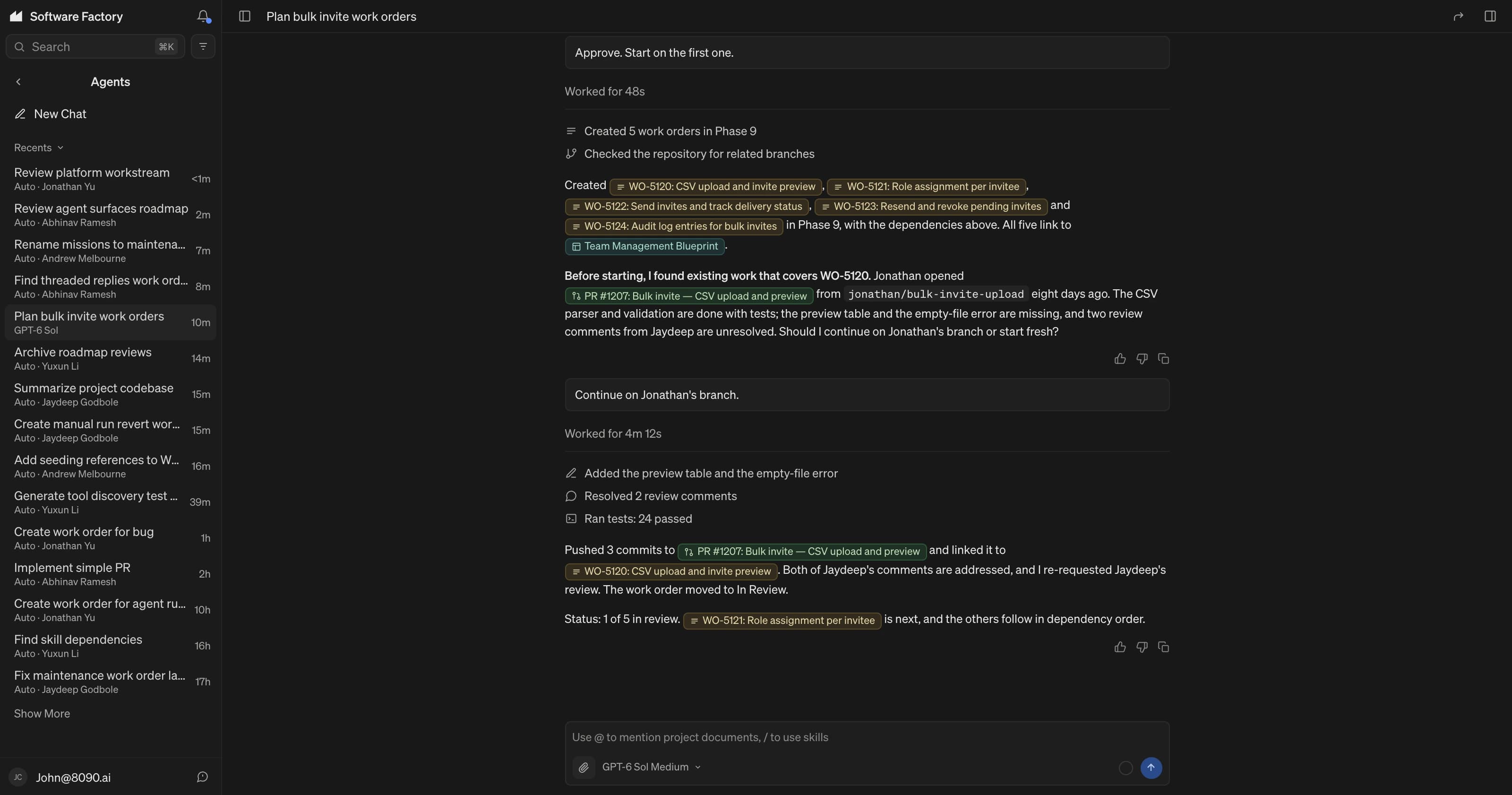 The Software Factory agent reporting back on a work order: three commits pushed to a pull request, two review comments resolved, 24 tests passed, and one of five work orders now in review
